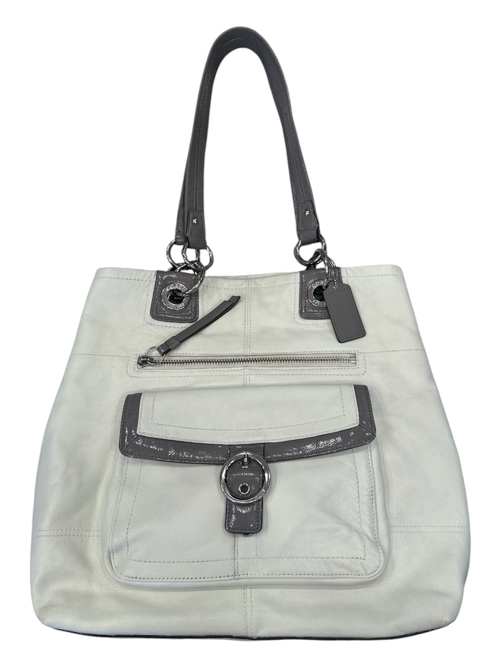 Coach White & Gray Leather Shoulder Bag Tote Purse Pocket Buckle F18890